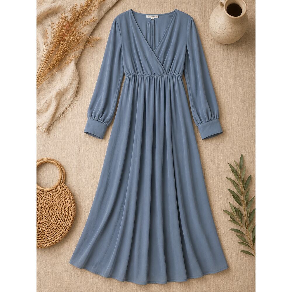 Baltic Born Blue Maxi Dress Long Sleeve Faux Wrap Feminine Wedding Guest Size L
